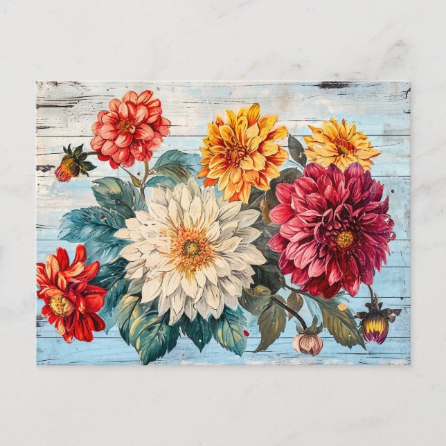 Carte Postale Dahlia Garden Mix on Blue Wood (Devant)