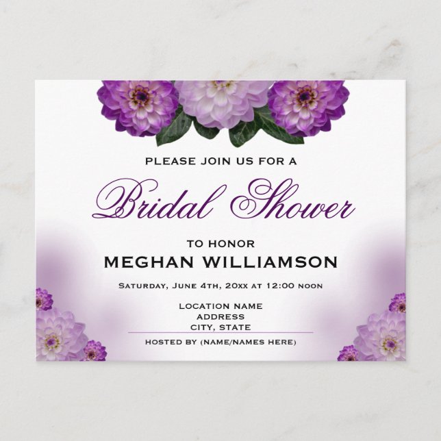 Carte Postale Dahlia Purple Floral Douche nuptiale après l'invit (Devant)