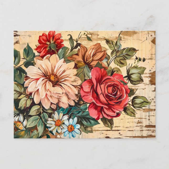Carte Postale Dahlias and Roses on Cracked Wooden Wall (Devant)