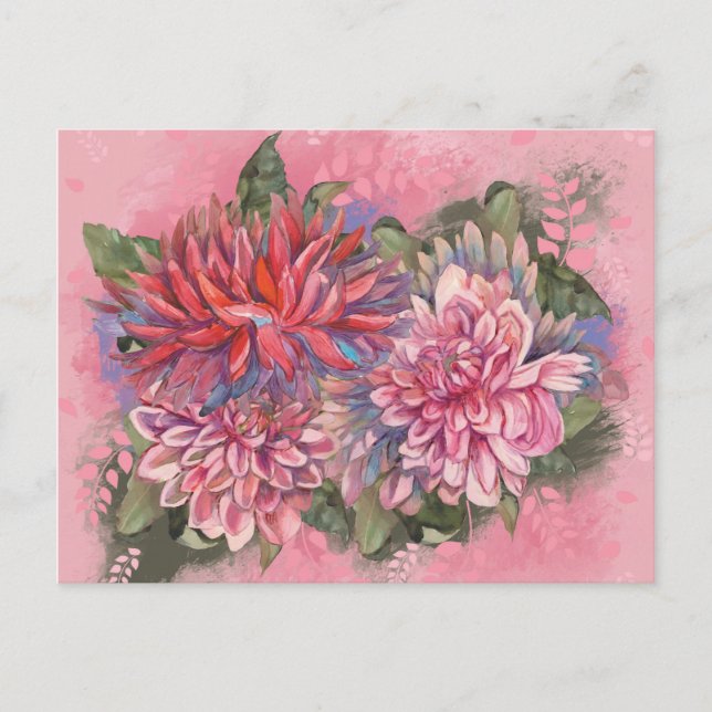 Carte Postale Dahlias flowers pink watercolor pattern (Devant)