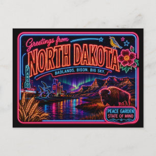 Carte Postale Dakota du Nord Neon State Rétro Vintage