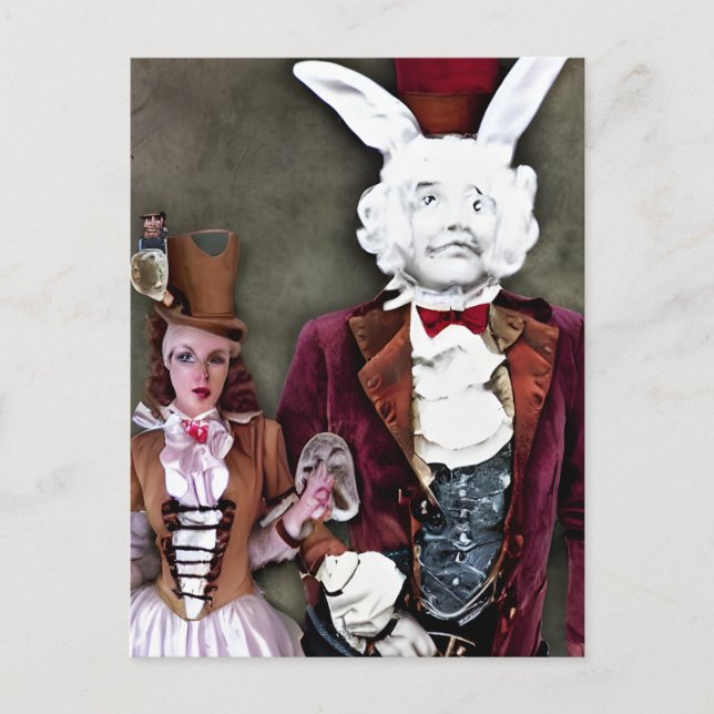 Carte postale d'Alice et du lapin steampunk bizarr (Devant)