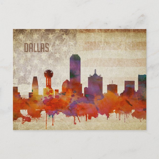 Carte Postale Dallas, horizon de ville d'aquarelle de TX | (Devant)