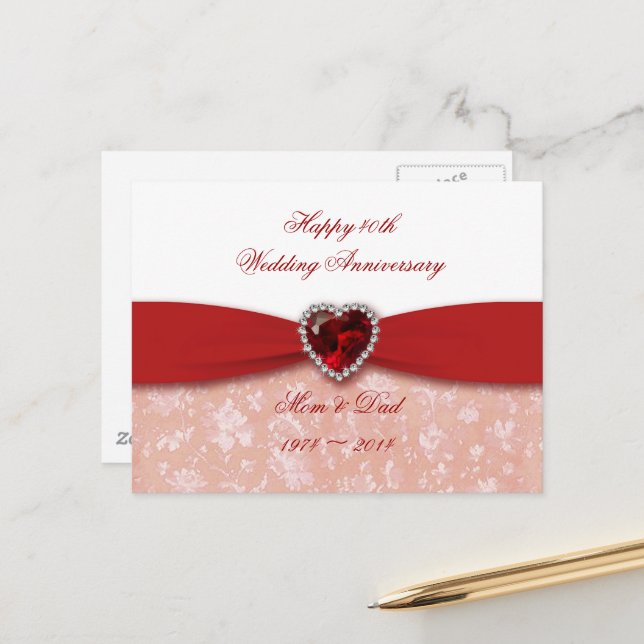 Carte Postale Damask 40e anniversaire Mariage Design (Devant/Arrière en situation)