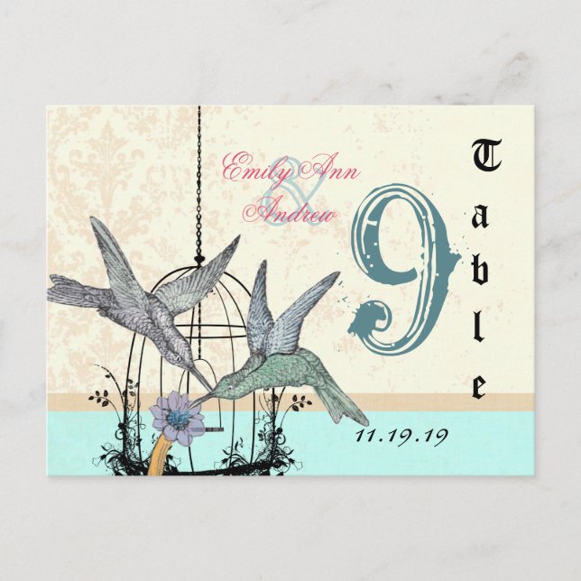Carte Postale Damask Hummingbird Birdcage Mariage Numéro de tabl (Devant)