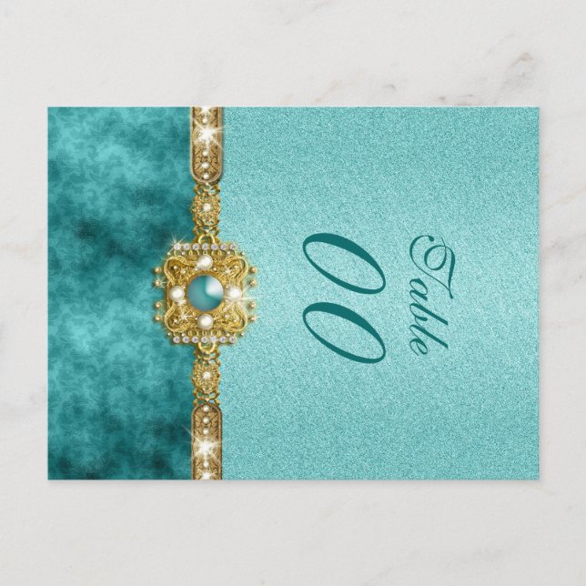 Carte Postale Damask "numéro de table" mariage or turquoise (Devant)