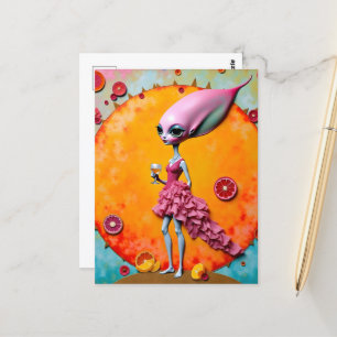 Carte Postale Dame Alien surréaliste en rose avec jus d'orange