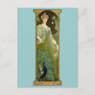 Carte Postale Dame Art Nouveau & Illustration Vintage de Paon