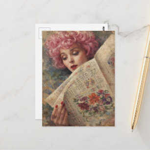 Carte Postale Dame aux cheveux roses rétro lisant un papier