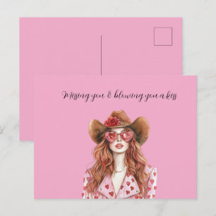 Carte Postale Dame aux Cheveux Rouges Cowgirl Cœurs Vous Envoyan