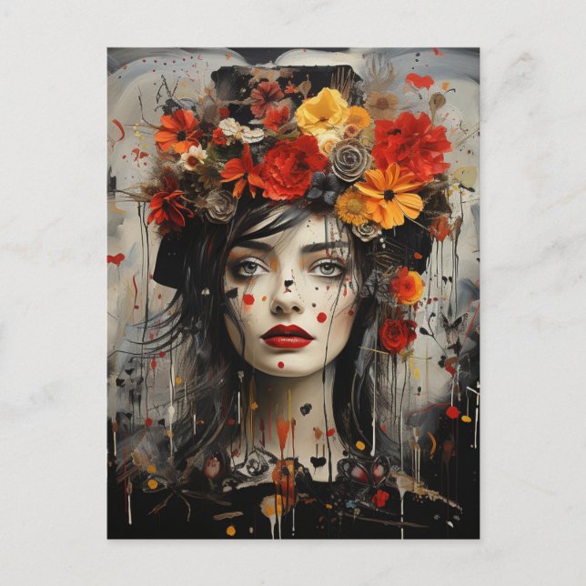 Carte Postale Dame aux fleurs dans ses cheveux Grunge Peinture (Devant)