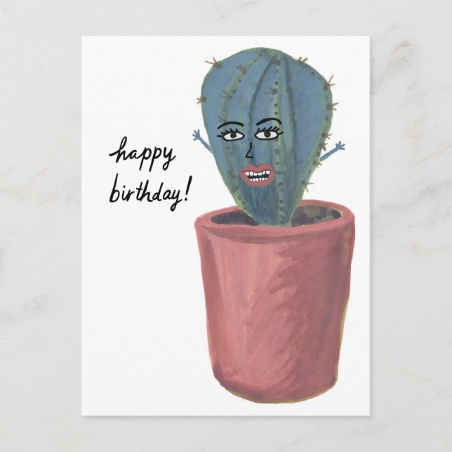 Carte Postale Dame Cactus Fou Aquarelle JOYEUX ANNIVERSAIRE (Devant)