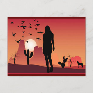 Carte Postale Dame dans le désert Paysage Animaux silhouette