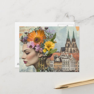 Carte Postale Dame dans un collage de fleurs de ville Bâtiments