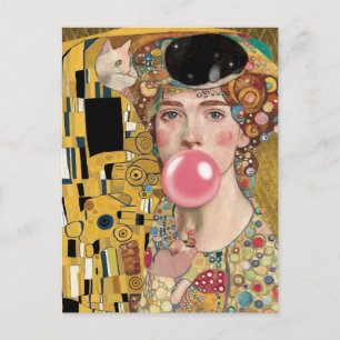 Carte Postale Dame de la gomme à bulle rose avec Gustav Klimt Ca