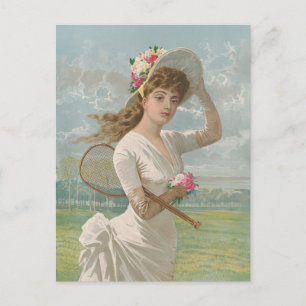 Carte Postale Dame de tennis victorienne avec chapeau fleuri Ant