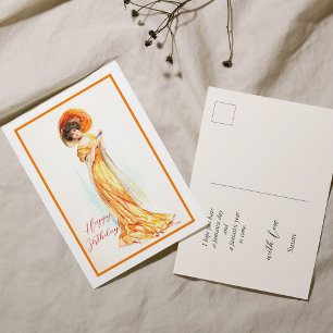 Carte Postale Dame en robe jaune, Joyeux Anniversaire