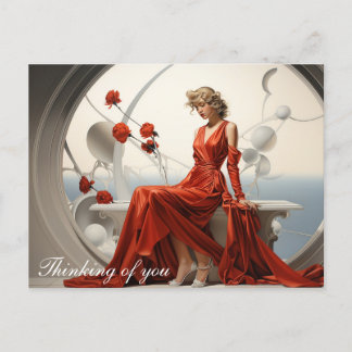 Carte Postale Dame en robe rouge dans un tableau blanc