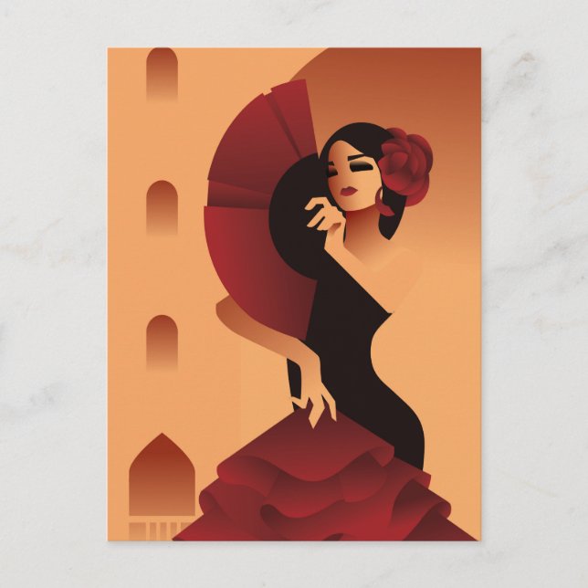 Carte Postale Dame espagnole avec ventilateur et rose en cheveux (Devant)