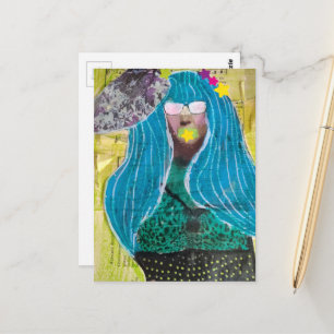 Carte Postale Dame Unique Avec Cheveux Bleus Collage Multimédia
