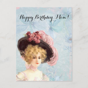 Carte Postale Dame victorienne au chapeau à plumes avec roses ro