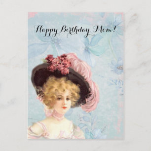 Carte Postale Dame victorienne en Casquette plumé avec roses ros