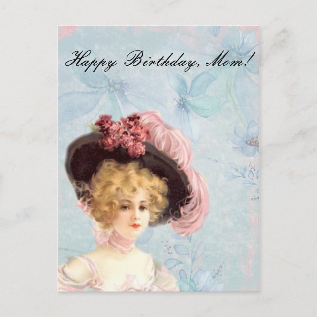 Carte Postale Dame victorienne en Casquette rose plumes (Devant)