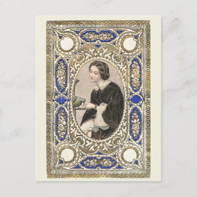 Carte Postale Dame victorienne, Nourrir Son Oiseau, Style Vintag (Devant)