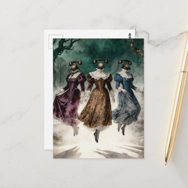 Carte Postale Dames au téléphone lévitant  (Devant/Arrière en situation)