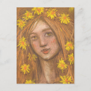 Carte Postale Dandelions Fleur, Blonde Girl et Fleurs Peinture