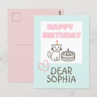 Carte postale d'anniversaire de chat bleu ciel et
