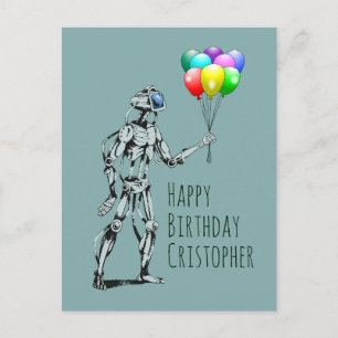 Carte postale d'anniversaire de robot avec ballons