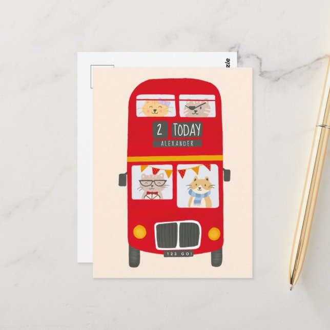 Carte postale d'anniversaire du bus rouge (Devant/Arrière en situation)