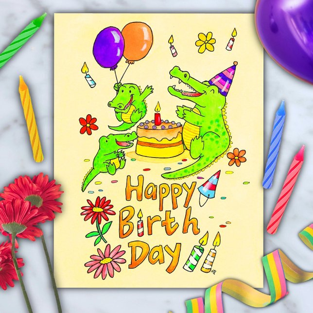 Carte postale d'anniversaire du crocodile mignon (Créateur téléchargé)