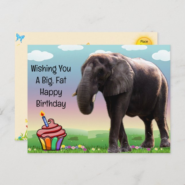 Carte postale d'anniversaire éléphant amusant (Devant / Derrière)