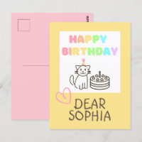 Carte postale d'anniversaire féérique avec un chat