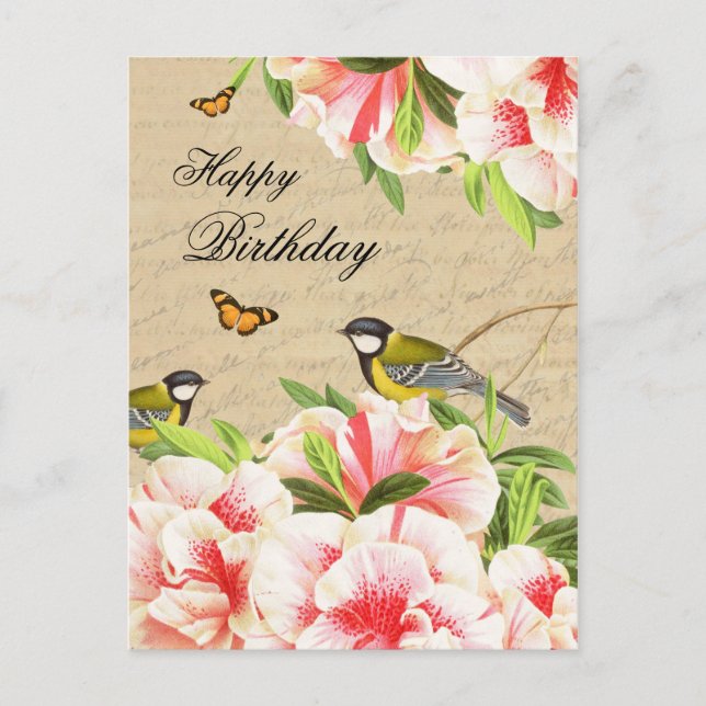 Carte postale d'anniversaire vintage avec oiseaux  (Devant)