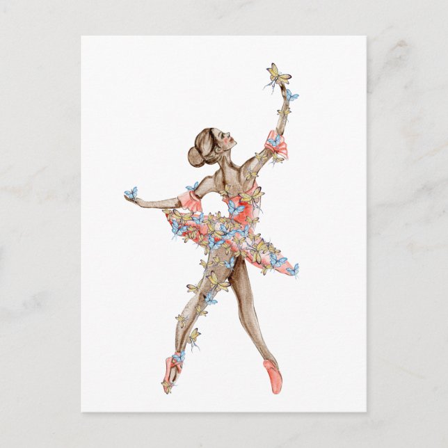Carte Postale Danse d'aquarelle ballerine avec papillon (Devant)