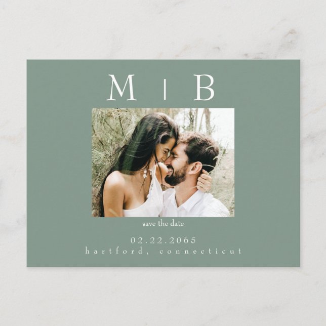 Carte Postale Dark Sage Couple Photo Wedding Enregistrer la date (Devant)