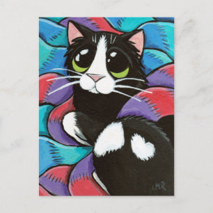Carte postale d'art de chat Tuxedo reposant sur de