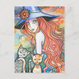 Carte postale d'art Halloween Chat Sorcière de Mol