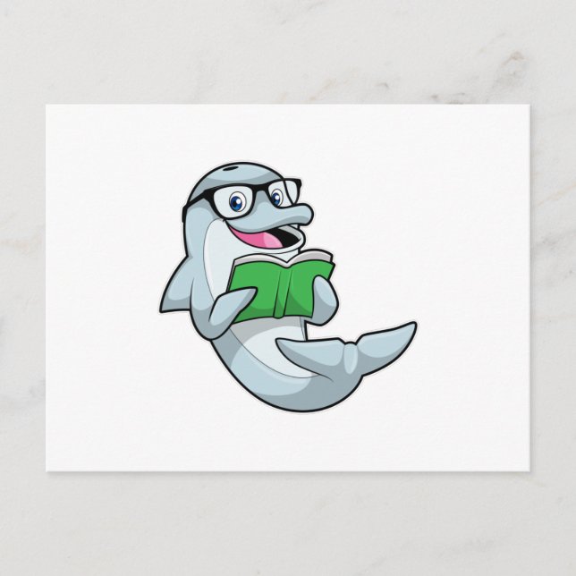 Carte Postale Dauphin en intello avec lunettes et livre (Devant)