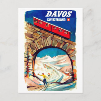 Carte Postale Davos, téléphérique rouge sur le pont, Suisse