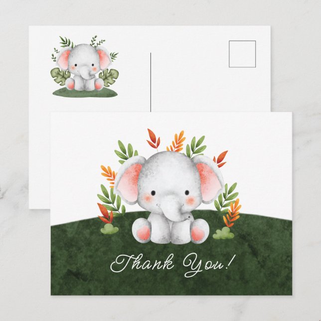Carte postale de Baby shower Merci Eléphant Jungle (Devant / Derrière)