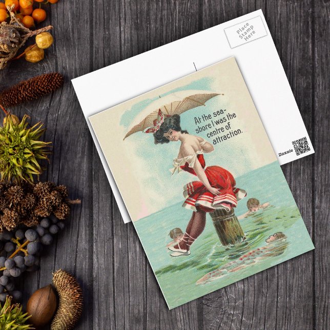 Carte postale de beauté de bain victorienne (Victorian lady parasol in vintage red bathing suit on pier at beach on postcard.)