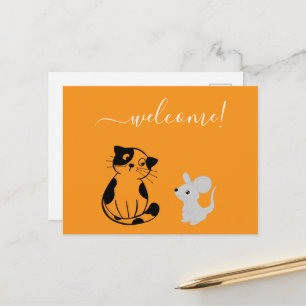 Carte postale de bienvenue orange avec chat et sou