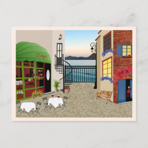 Carte postale de café restaurant sur rue et mer