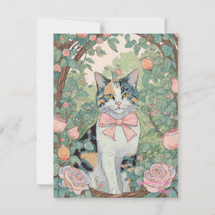 Carte postale de chat calico avec des fleurs