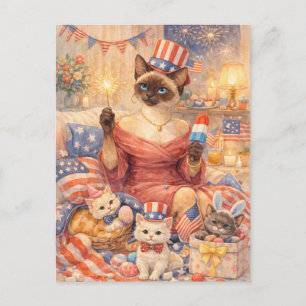Carte postale de chat diva de piscine du 4 juillet