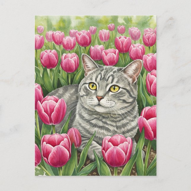 Carte postale de chat gris mignon dans les tulipes (Devant)